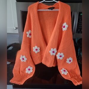 DAVI & DANI Vibrant Orange Cardigan with White Floral Details